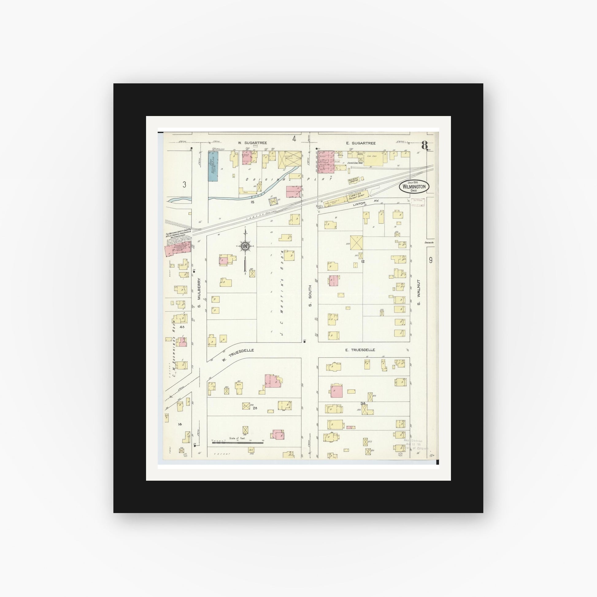 Old map wall art mockup — black gallery frame with white mat — Sanborn Fire Insurance Map from Wilmington, Clinton County, Ohio (1914), Sheet #0008