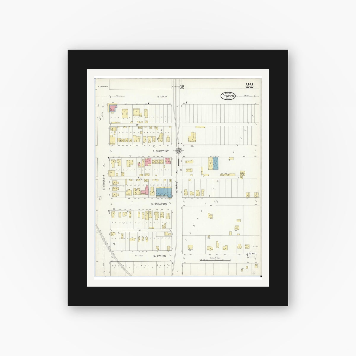 Old map wall art mockup — black gallery frame with white mat — Sanborn Fire Insurance Map from Denison, Grayson County, Texas (1914), Sheet #0022
