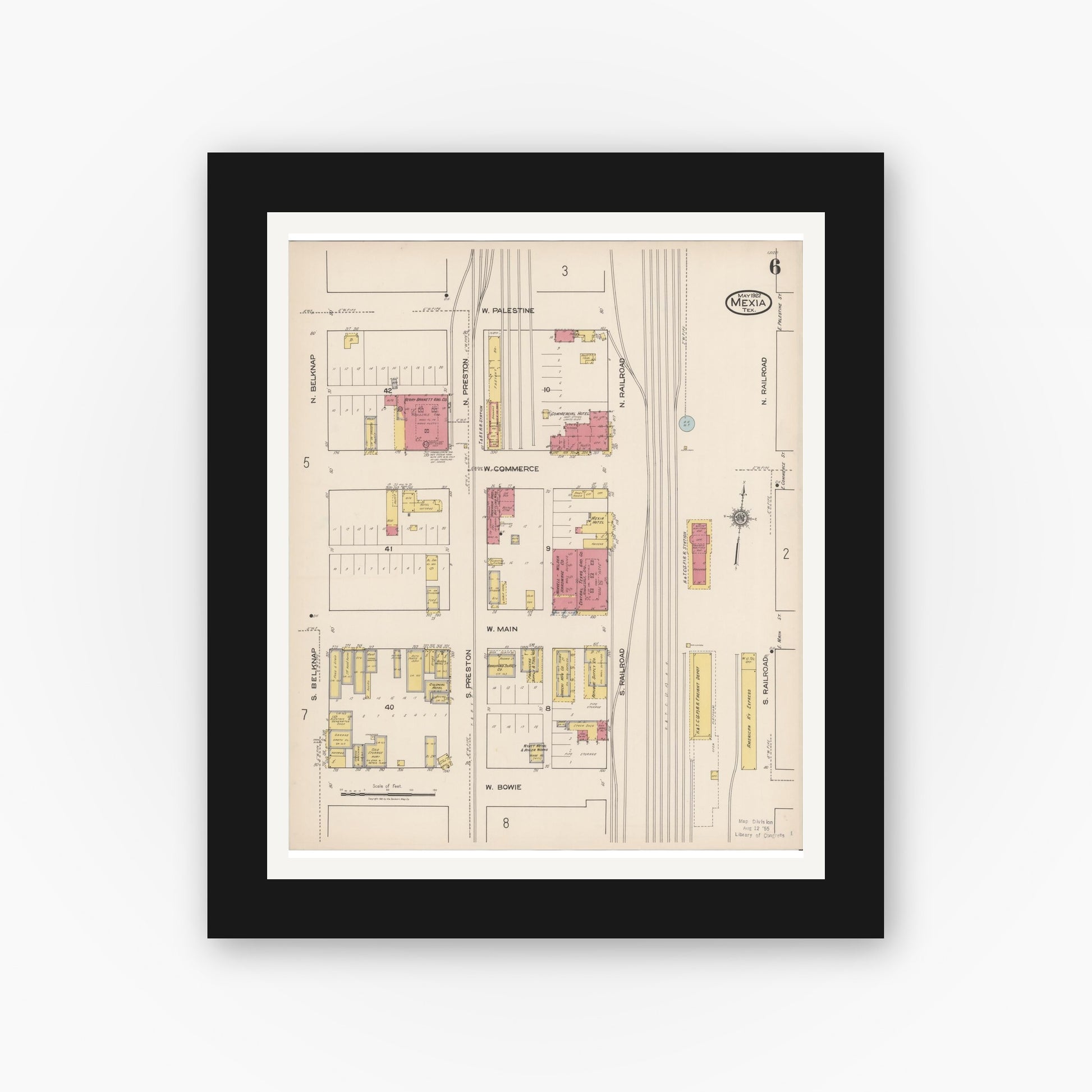 Old map wall art mockup — black gallery frame with white mat — Sanborn Fire Insurance Map from Mexia, Limestone County, Texas (1922), Sheet #0006