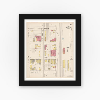 Old map wall art mockup — black gallery frame with white mat — Sanborn Fire Insurance Map from Mexia, Limestone County, Texas (1922), Sheet #0006