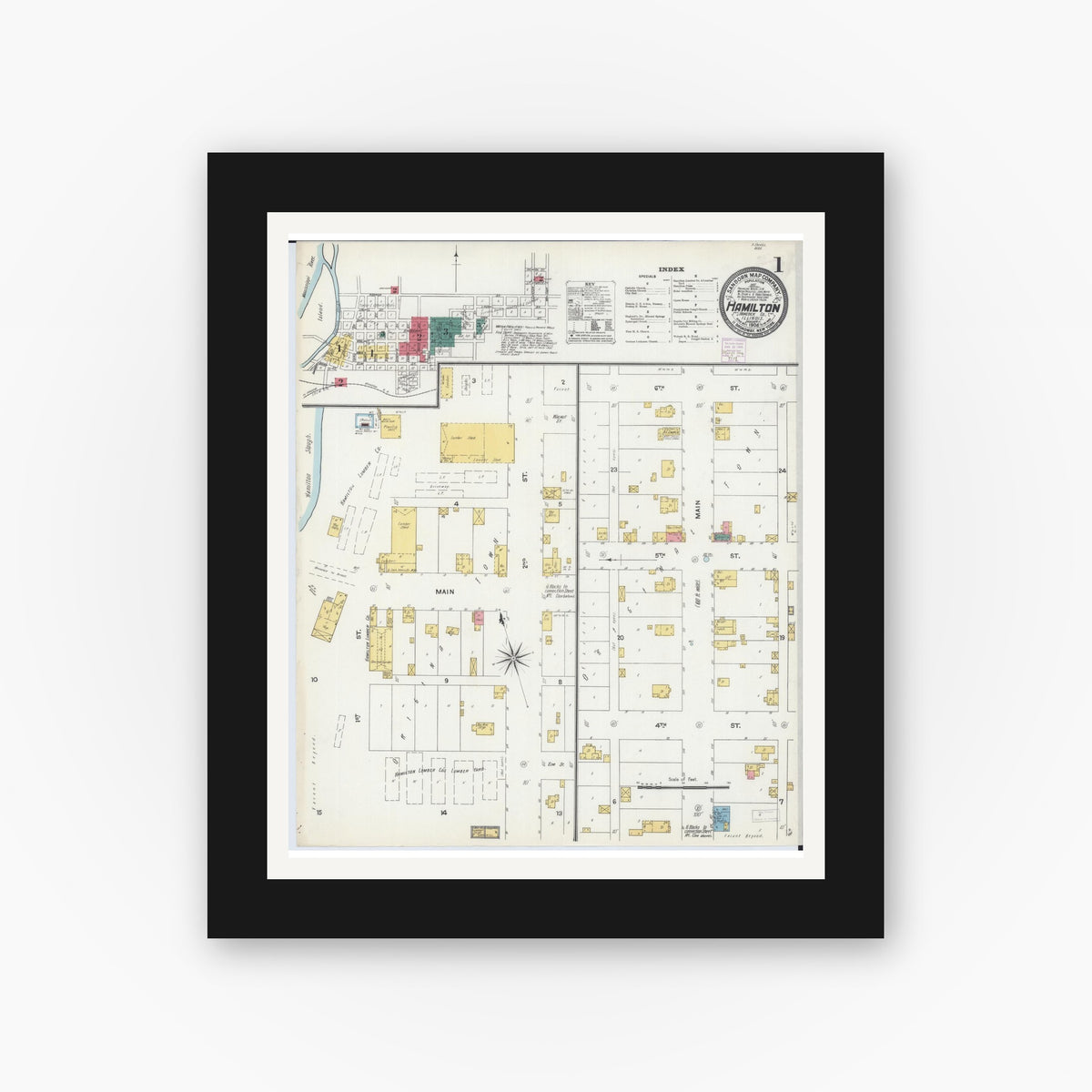 Old map wall art mockup — black gallery frame with white mat — Sanborn Fire Insurance Map from Hamilton, Hancock County, Illinois (1906), Sheet #0001