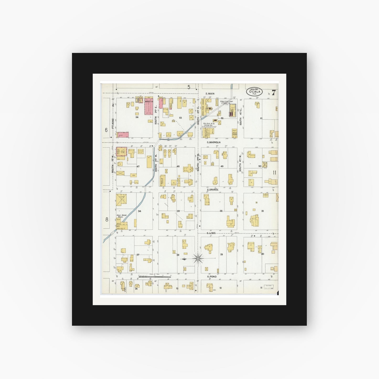 Old map wall art mockup — black gallery frame with white mat — Sanborn Fire Insurance Map from Ocala, Marion County, Florida (1901), Sheet #0007