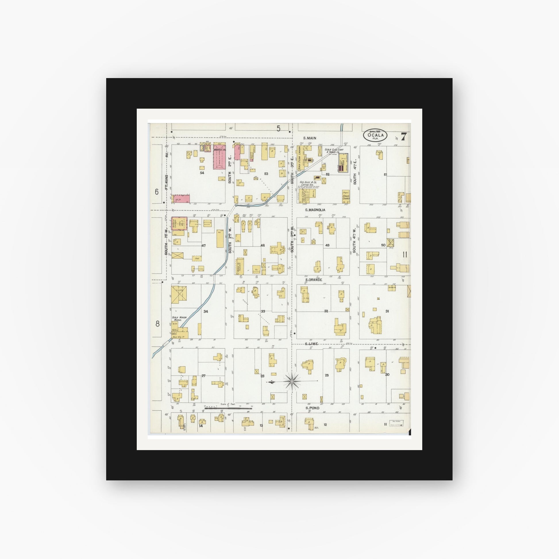 Old map wall art mockup — black gallery frame with white mat — Sanborn Fire Insurance Map from Ocala, Marion County, Florida (1901), Sheet #0007