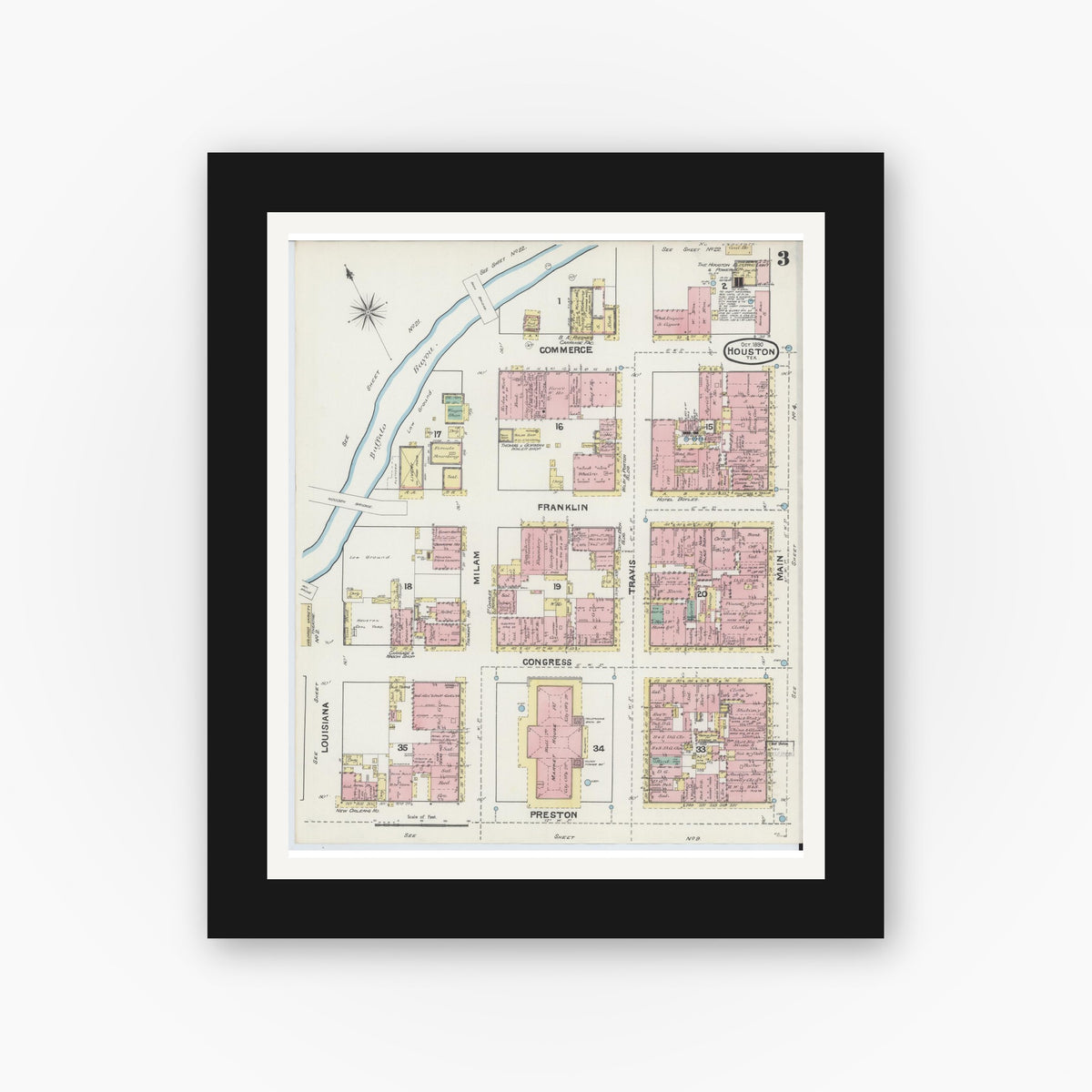 Old map wall art mockup — black gallery frame with white mat — Sanborn Fire Insurance Map from Houston, Harris County, Texas (1890), Sheet #0003