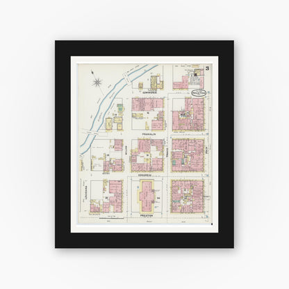 Old map wall art mockup — black gallery frame with white mat — Sanborn Fire Insurance Map from Houston, Harris County, Texas (1890), Sheet #0003