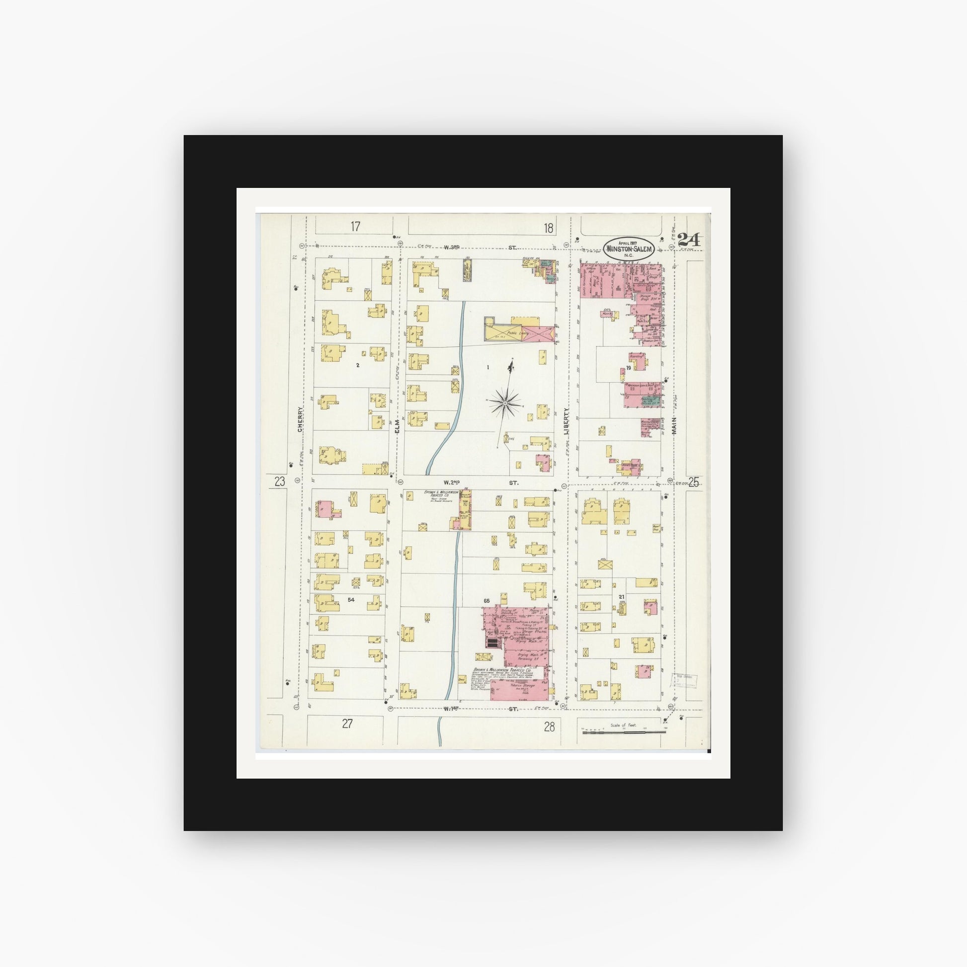 Old map wall art mockup — black gallery frame with white mat — Sanborn Fire Insurance Map from Winston-Salem, Forsyth County, North Carolina (1907), Sheet #0024