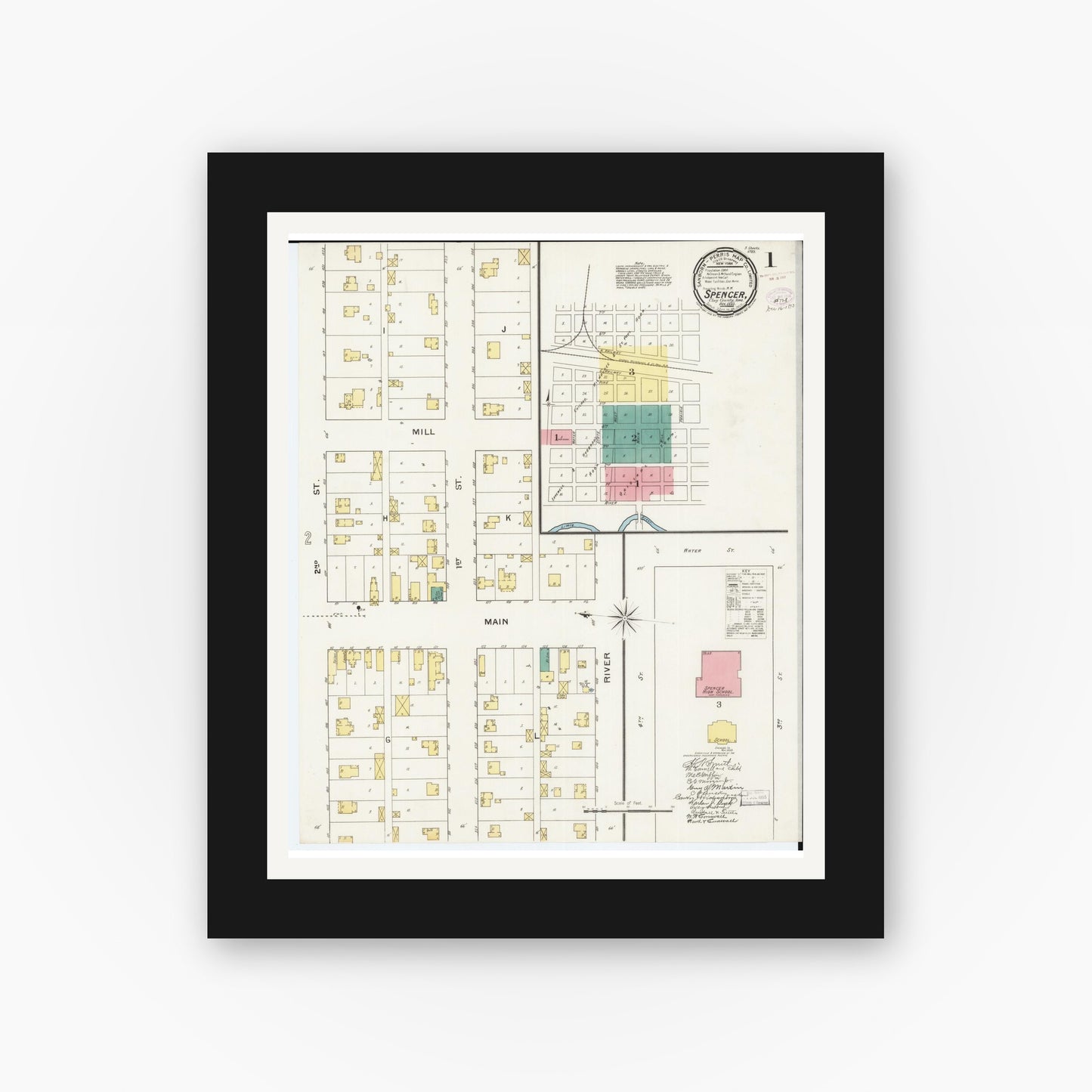 Old map wall art mockup — black gallery frame with white mat — Sanborn Fire Insurance Map from Spencer, Clay County, Iowa (1893), Sheet #0001