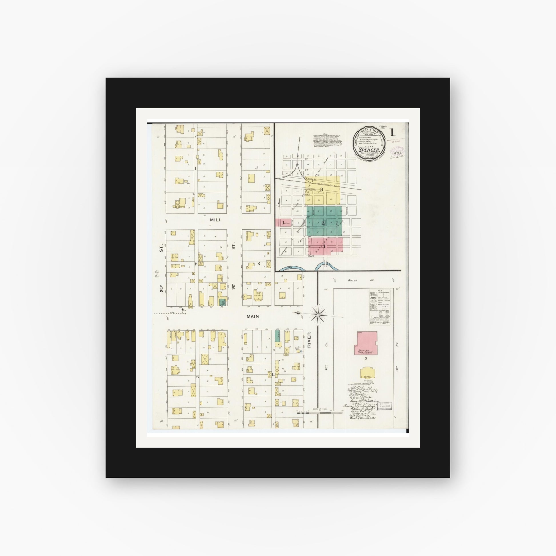 Old map wall art mockup — black gallery frame with white mat — Sanborn Fire Insurance Map from Spencer, Clay County, Iowa (1893), Sheet #0001