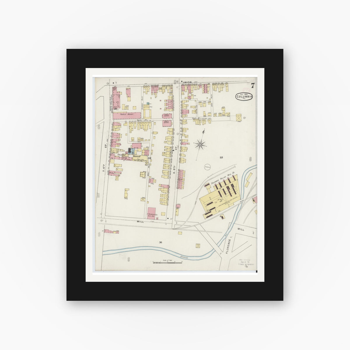 Old map wall art mockup — black gallery frame with white mat — Sanborn Fire Insurance Map from Columbia, Lancaster County, Pennsylvania (1894), Sheet #0007