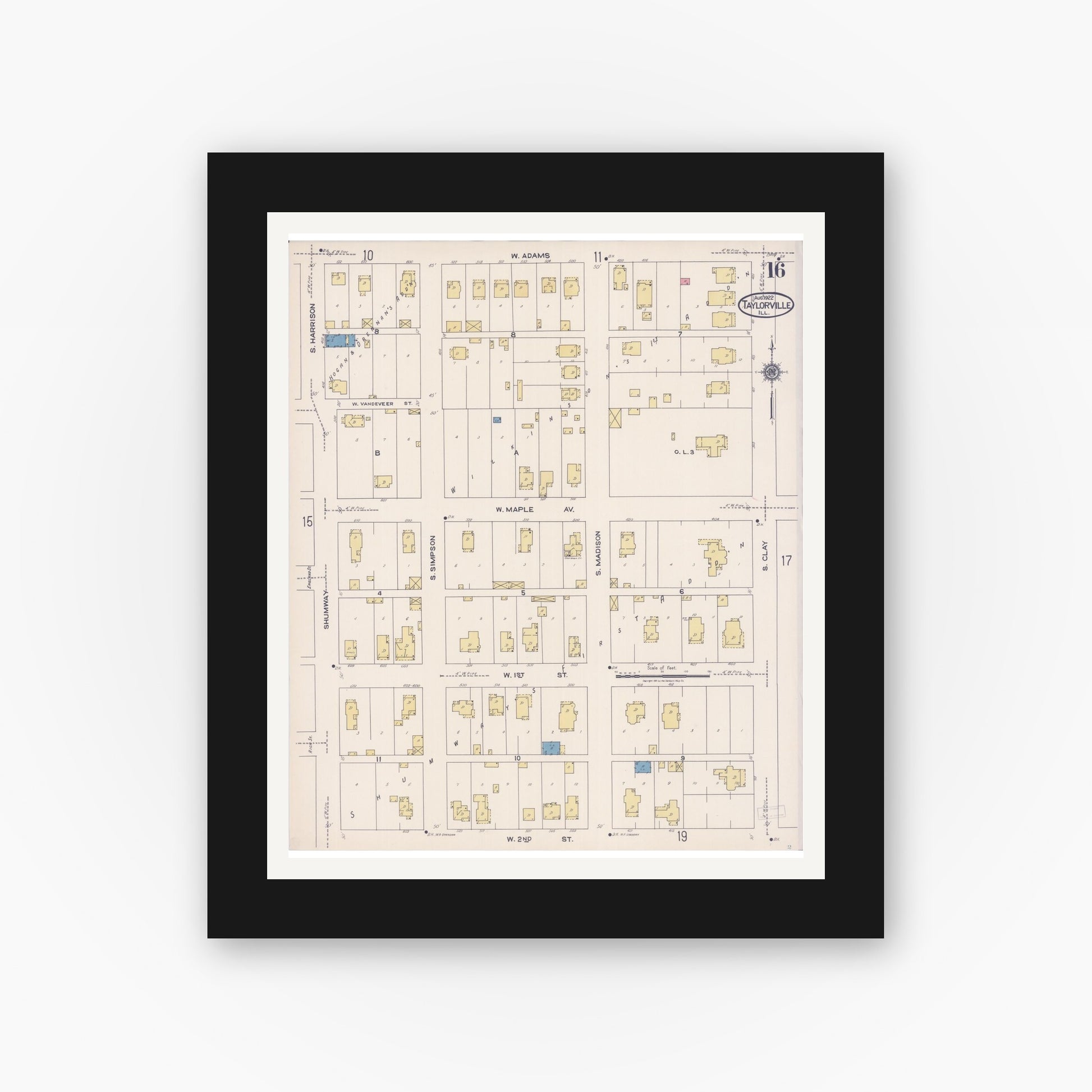 Old map wall art mockup — black gallery frame with white mat — Sanborn Fire Insurance Map from Taylorville, Christian County, Illinois (1922), Sheet #0016