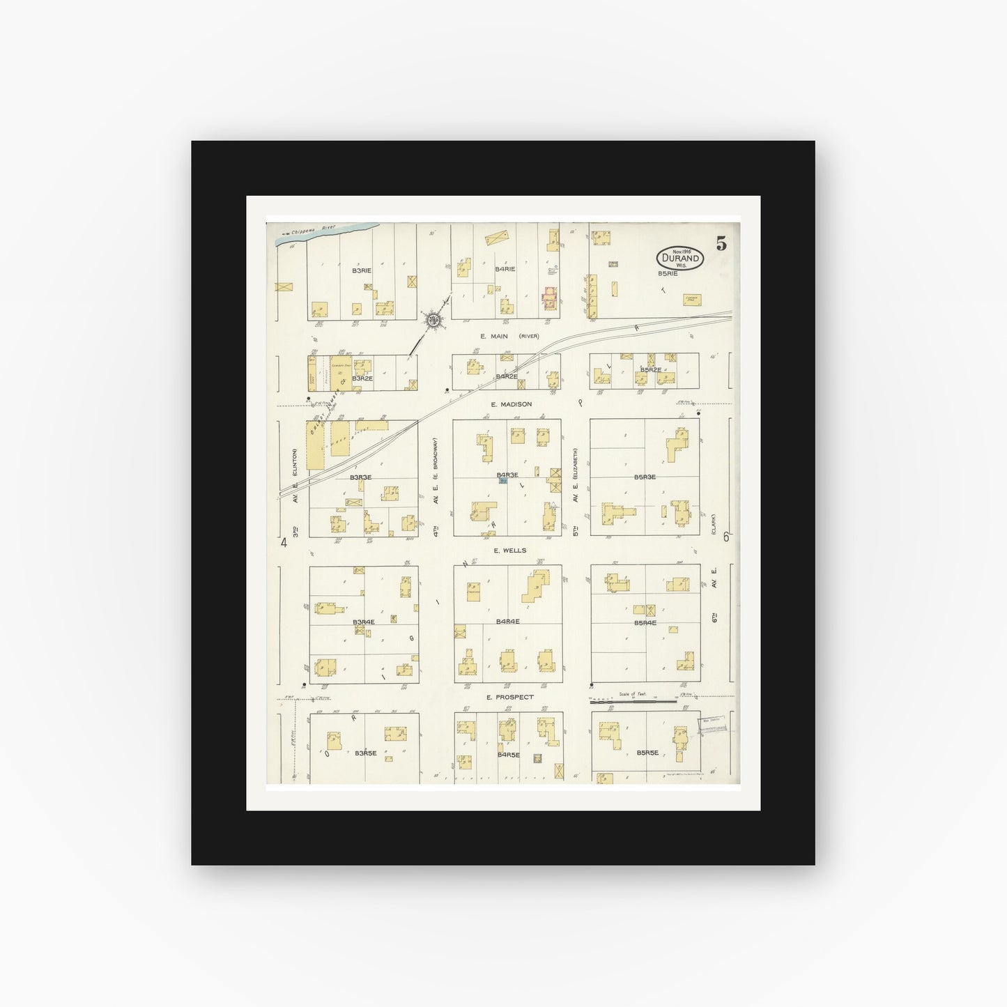 Old map wall art mockup — black gallery frame with white mat — Sanborn Fire Insurance Map from Durand, Pepin County, Wisconsin (1916), Sheet #0005