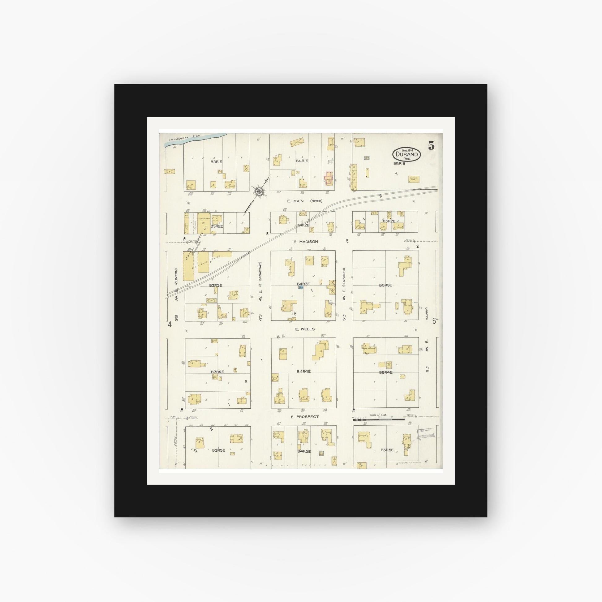 Old map wall art mockup — black gallery frame with white mat — Sanborn Fire Insurance Map from Durand, Pepin County, Wisconsin (1916), Sheet #0005
