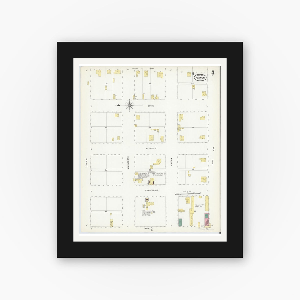 Old map wall art mockup — black gallery frame with white mat — Sanborn Fire Insurance Map from Vernon, Wilbarger County, Texas (1907), Sheet #0003