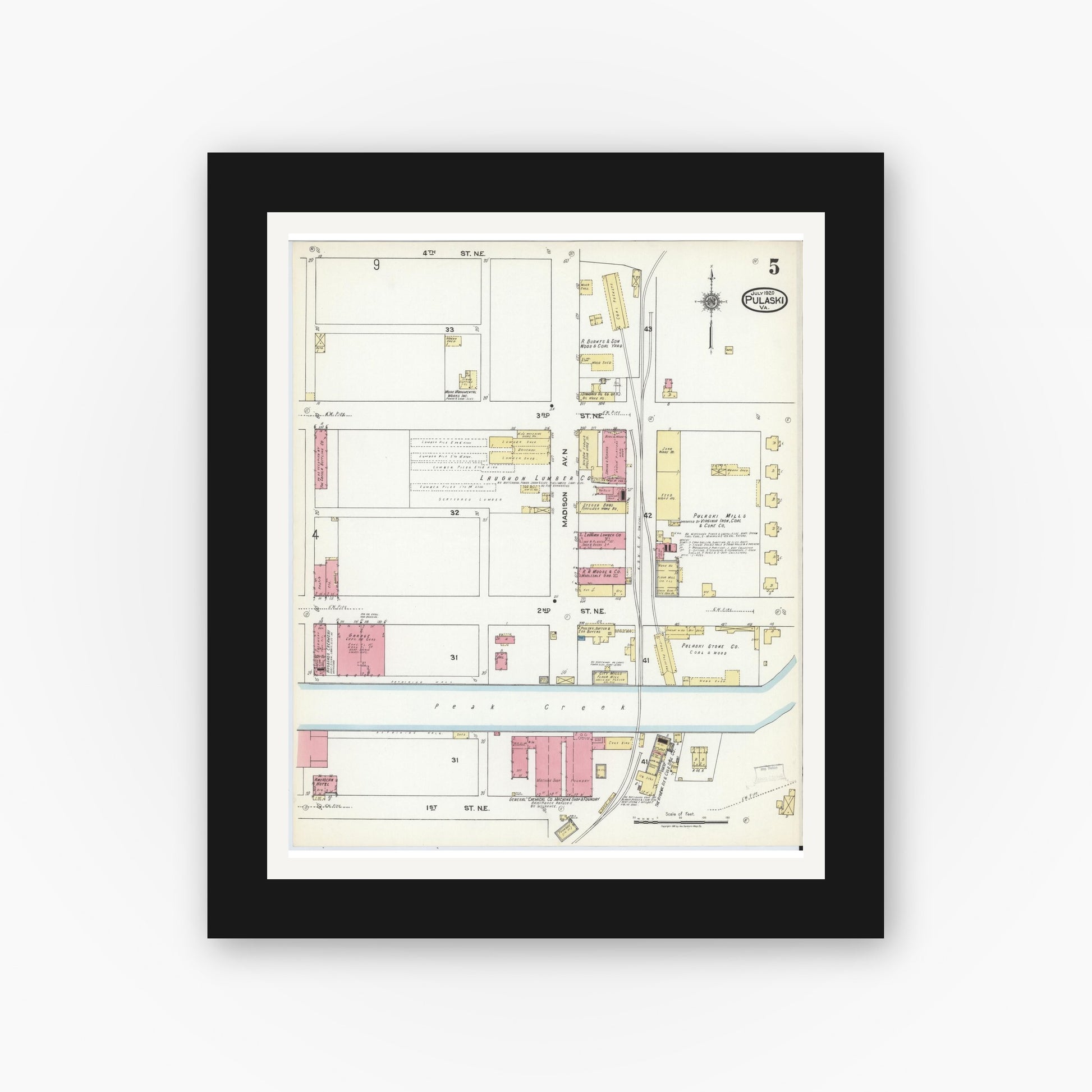 Old map wall art mockup — black gallery frame with white mat — Sanborn Fire Insurance Map from Pulaski, Pulaski County, Virginia (1920), Sheet #0005