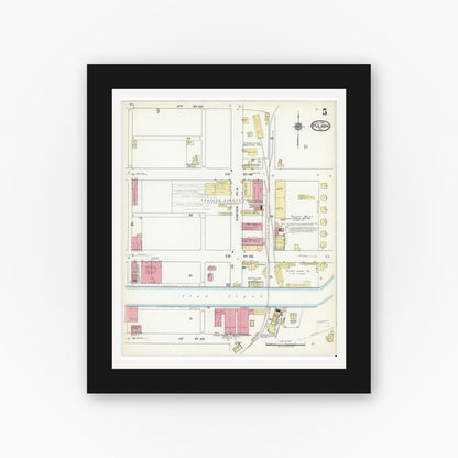 Old map wall art mockup — black gallery frame with white mat — Sanborn Fire Insurance Map from Pulaski, Pulaski County, Virginia (1920), Sheet #0005