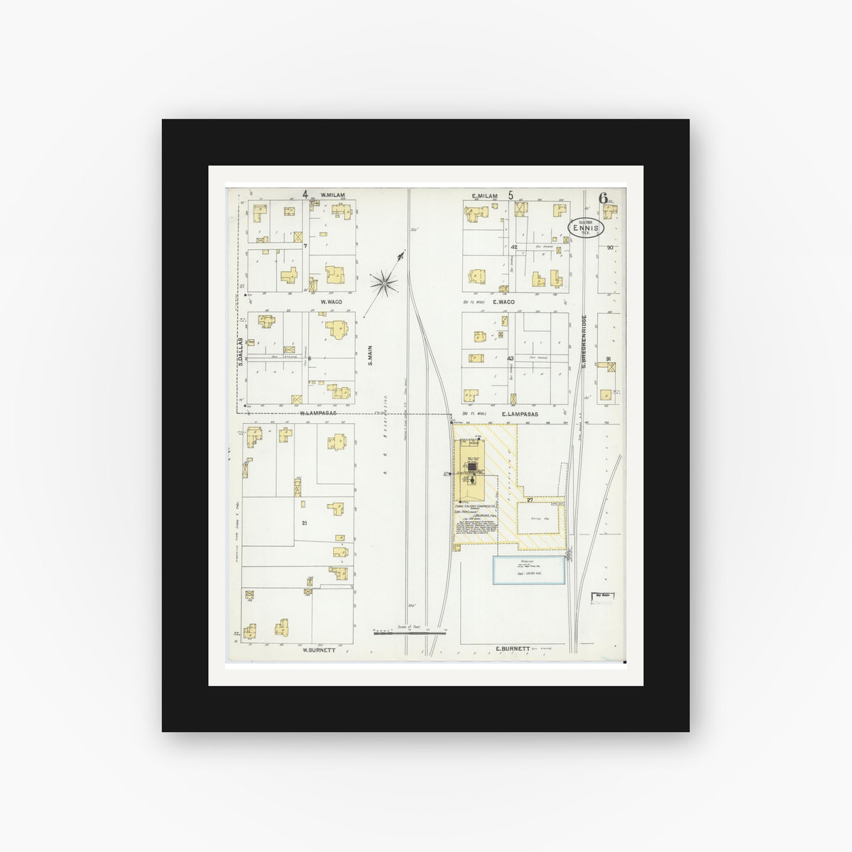 Old map wall art mockup — black gallery frame with white mat — Sanborn Fire Insurance Map from Ennis, Ellis County, Texas (1901), Sheet #0006