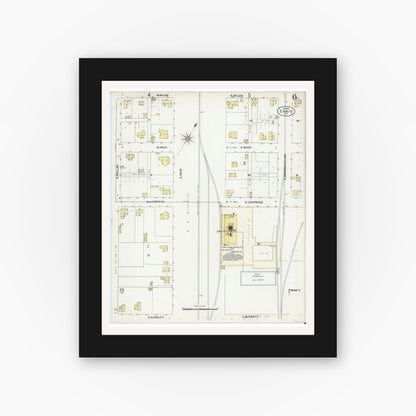 Old map wall art mockup — black gallery frame with white mat — Sanborn Fire Insurance Map from Ennis, Ellis County, Texas (1901), Sheet #0006