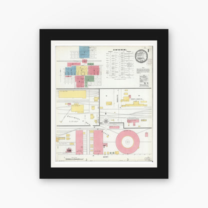 Old map wall art mockup — black gallery frame with white mat — Sanborn Fire Insurance Map from Garrett, De Kalb County, Indiana (1901) - Complete Map Set
