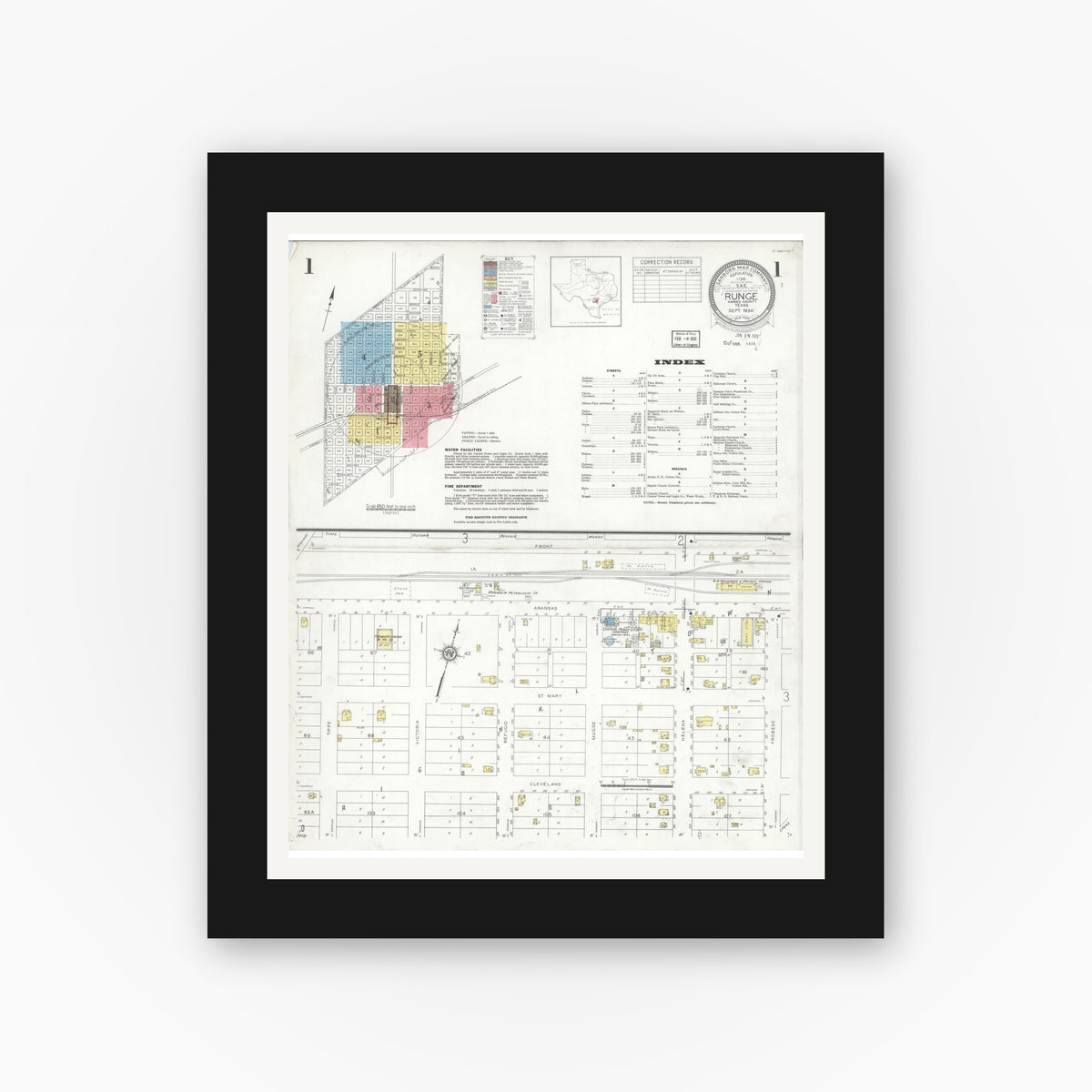 Old map wall art mockup — black gallery frame with white mat — Sanborn Fire Insurance Map from Runge, Karnes County, Texas (1934), Sheet #0001