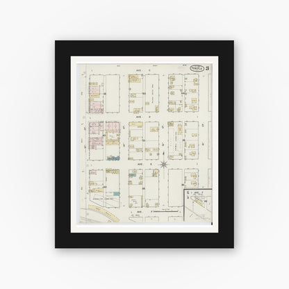 Old map wall art mockup — black gallery frame with white mat — Sanborn Fire Insurance Map from Temple, Bell County, Texas (1888), Sheet #0003