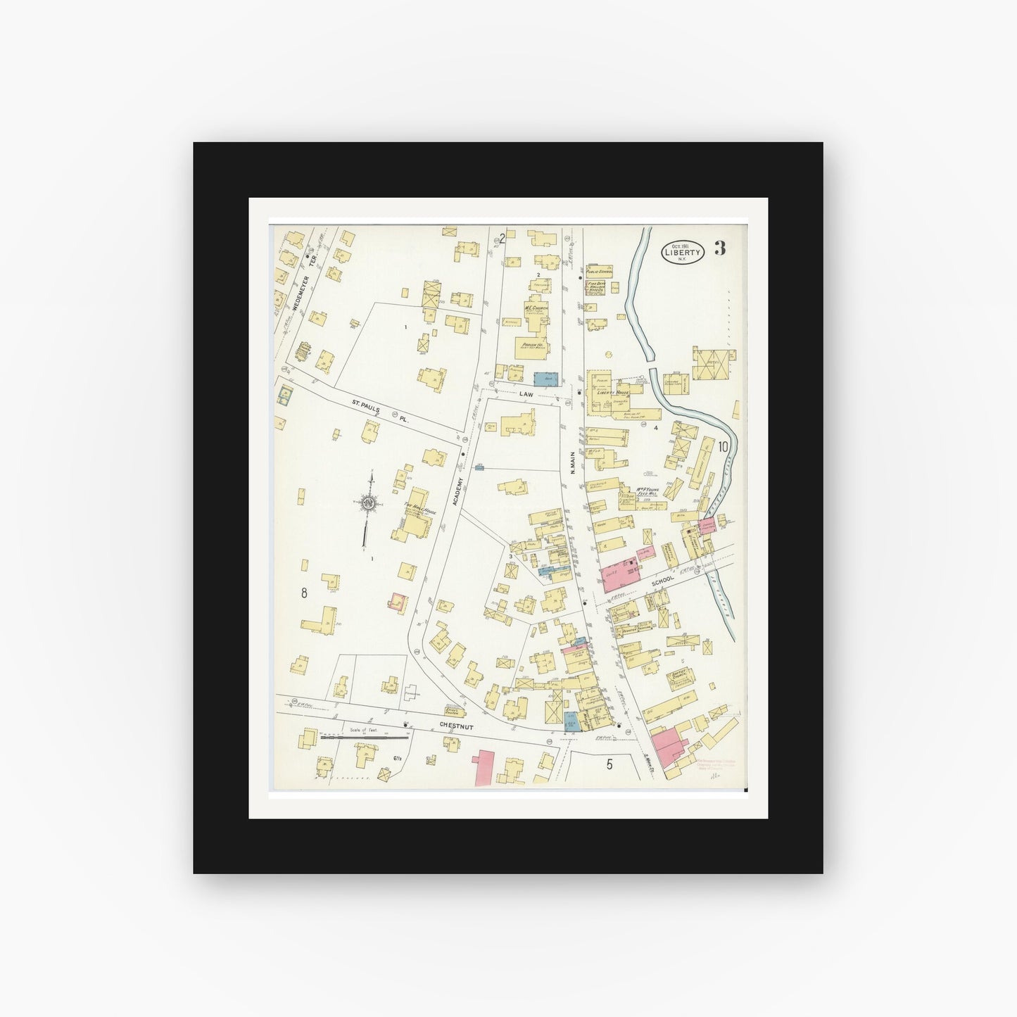 Old map wall art mockup — black gallery frame with white mat — Sanborn Fire Insurance Map from Liberty, Sullivan County, New York (1911), Sheet #0003