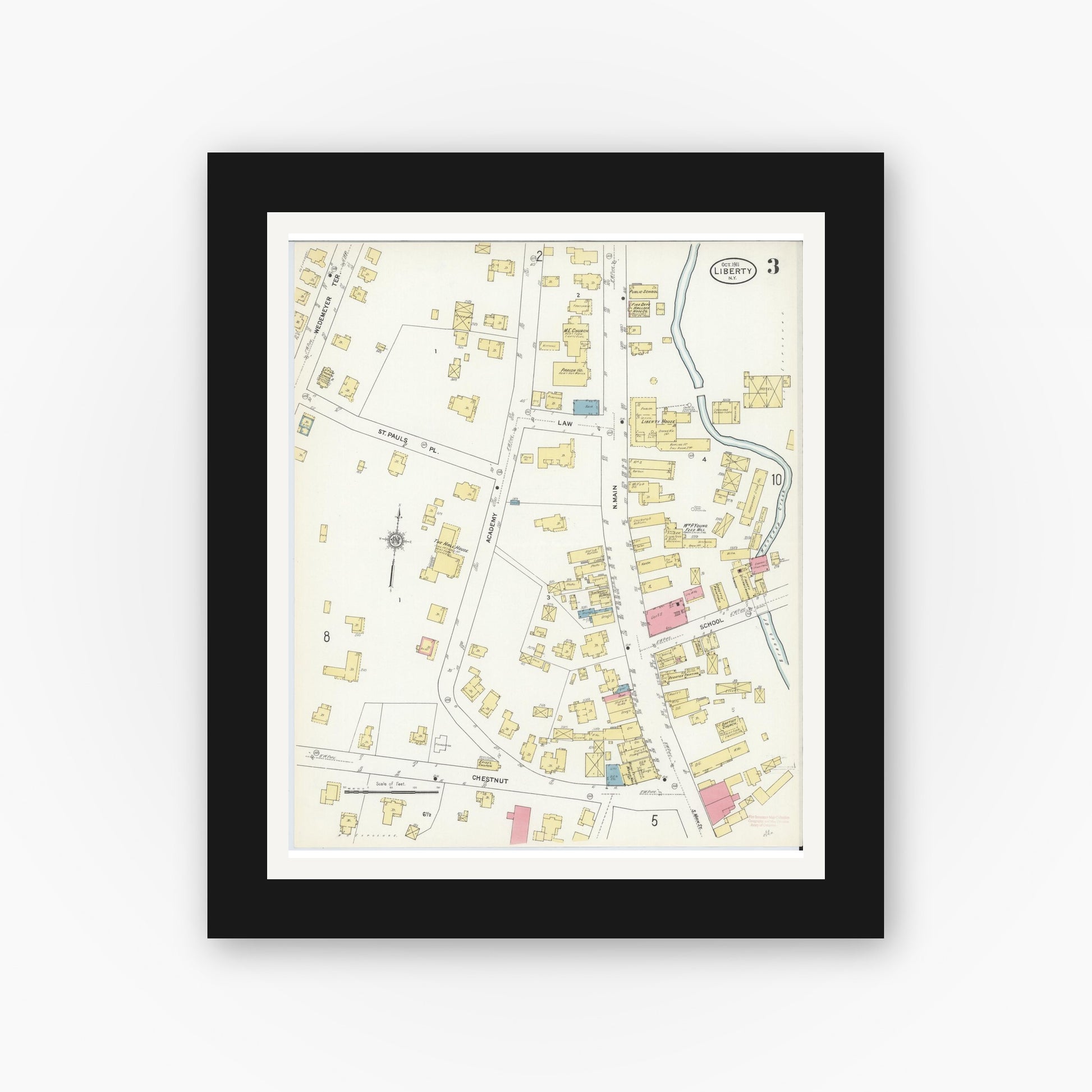 Old map wall art mockup — black gallery frame with white mat — Sanborn Fire Insurance Map from Liberty, Sullivan County, New York (1911), Sheet #0003