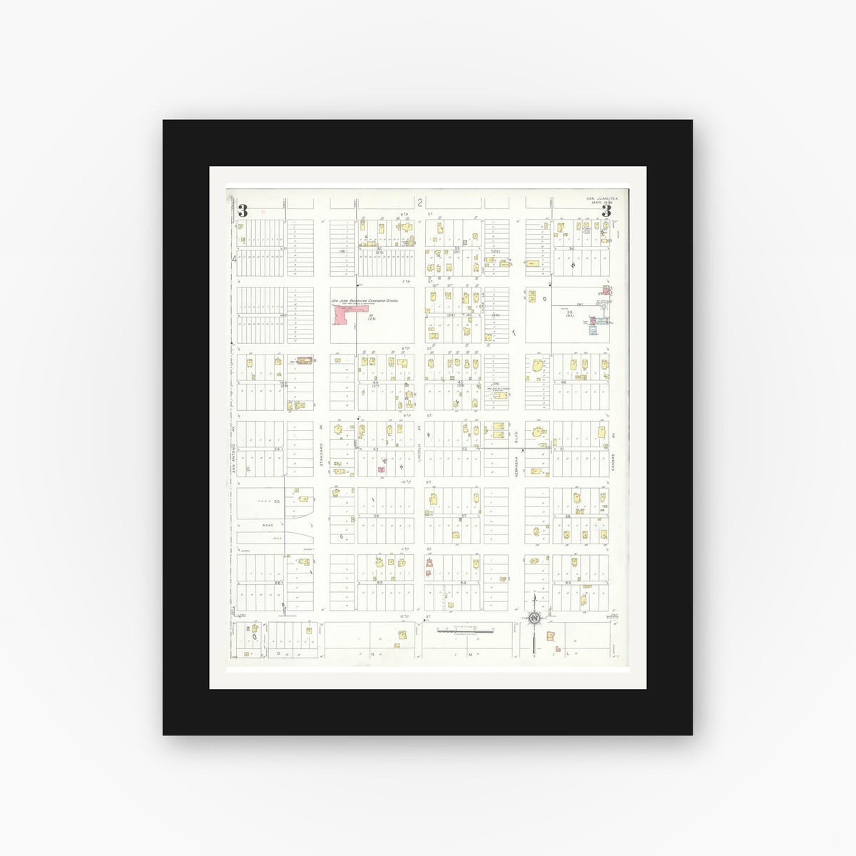 Old map wall art mockup — black gallery frame with white mat — Sanborn Fire Insurance Map from San Juan, Hidalgo County, Texas (1938), Sheet #0003