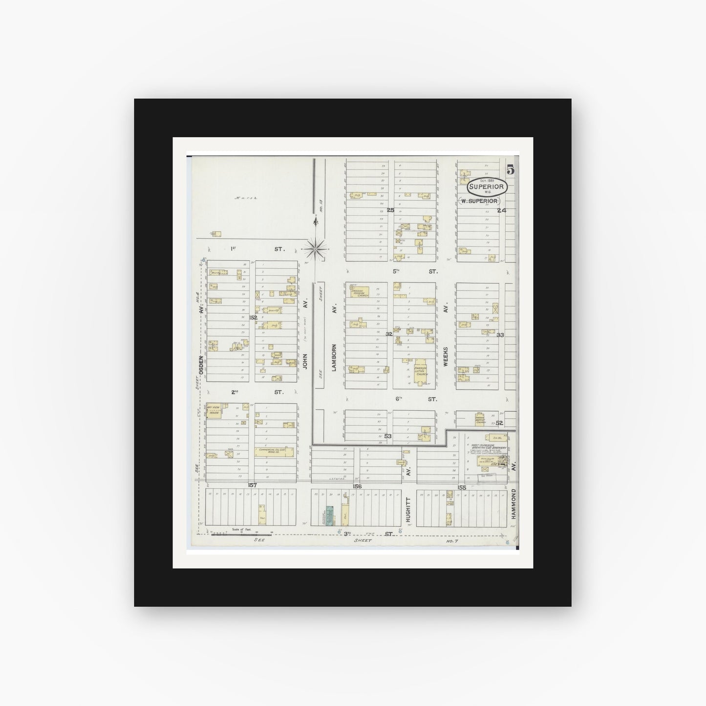 Old map wall art mockup — black gallery frame with white mat — Sanborn Fire Insurance Map from Superior, Douglas County, Wisconsin (1889), Sheet #0005