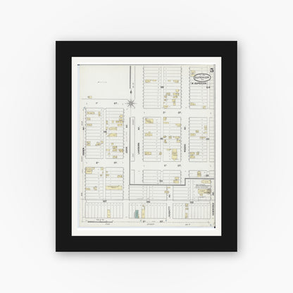 Old map wall art mockup — black gallery frame with white mat — Sanborn Fire Insurance Map from Superior, Douglas County, Wisconsin (1889), Sheet #0005
