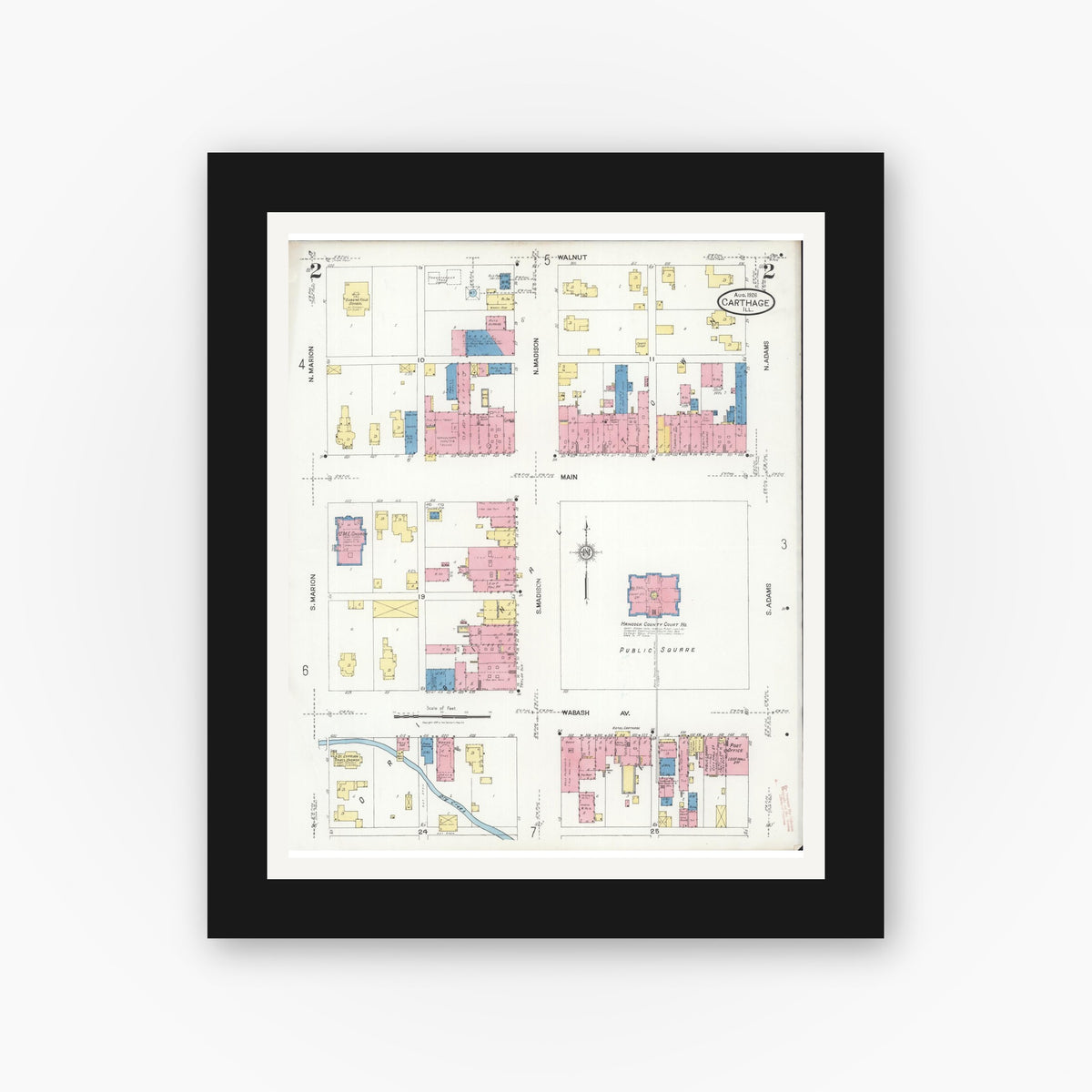 Old map wall art mockup — black gallery frame with white mat — Sanborn Fire Insurance Map from Carthage, Hancock County, Illinois (1926), Sheet #0002