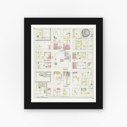 Old map wall art mockup — black gallery frame with white mat — Sanborn Fire Insurance Map from Marshfield, Webster County, Missouri (1892), Sheet #0001