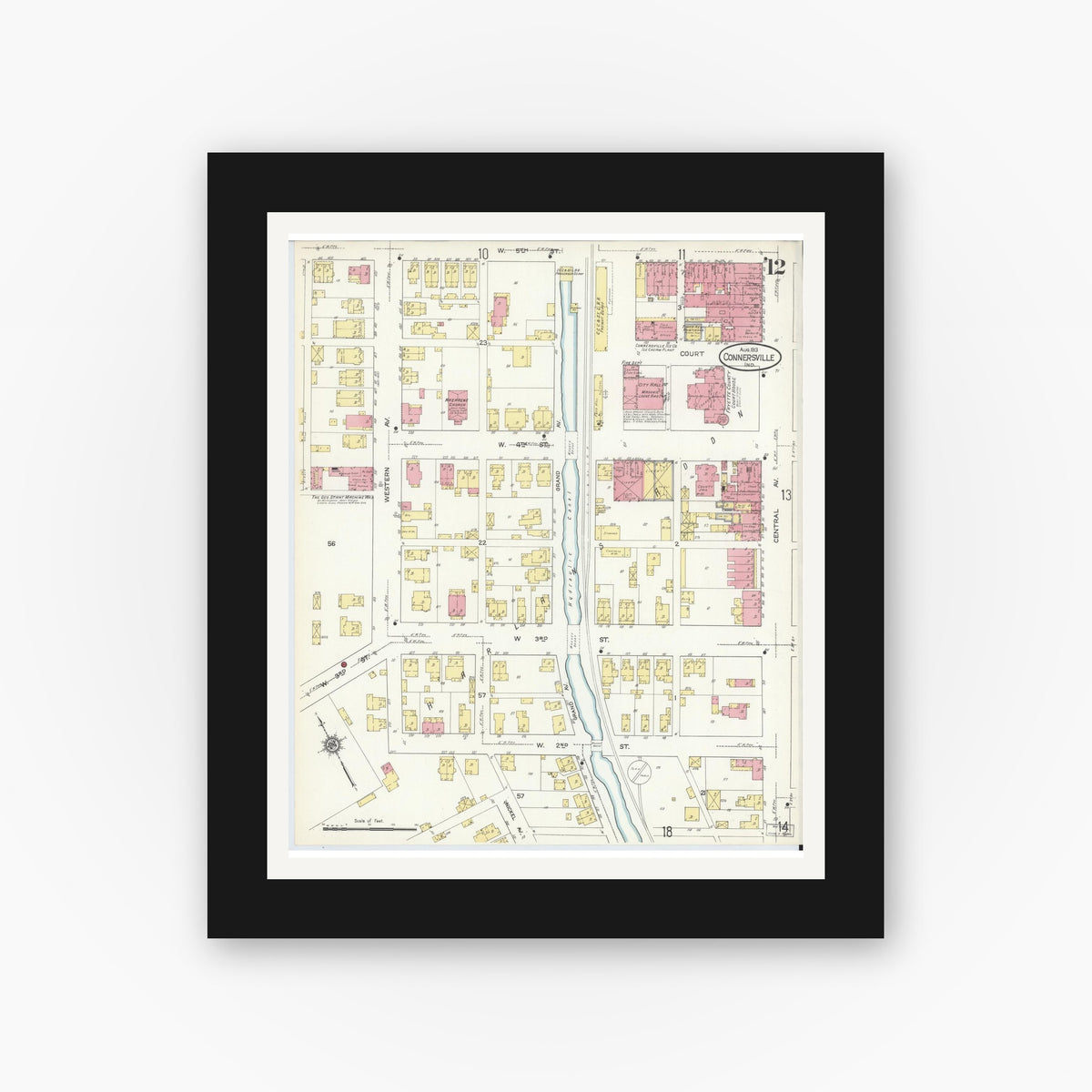 Old map wall art mockup — black gallery frame with white mat — Sanborn Fire Insurance Map from Connersville, Fayette County, Indiana (1913), Sheet #0012