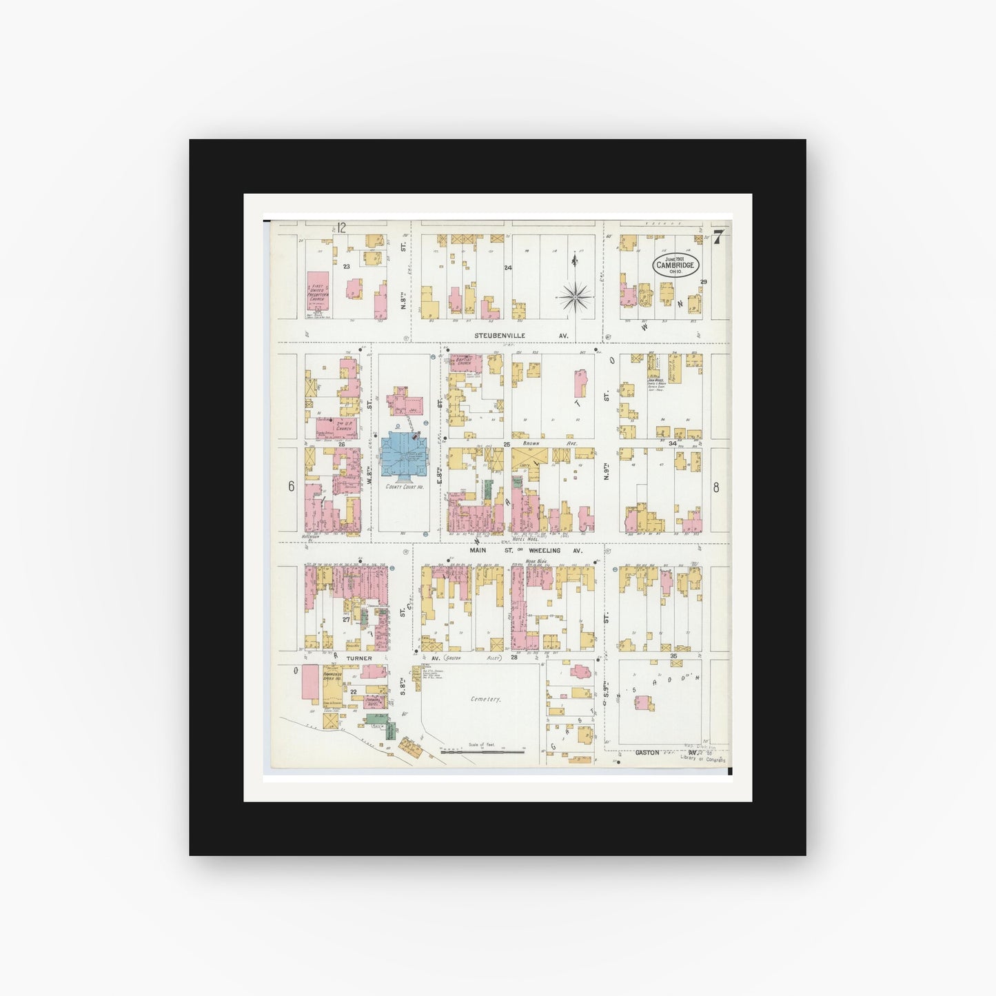 Old map wall art mockup — black gallery frame with white mat — Sanborn Fire Insurance Map from Cambridge, Guernsey County, Ohio (1901), Sheet #0007