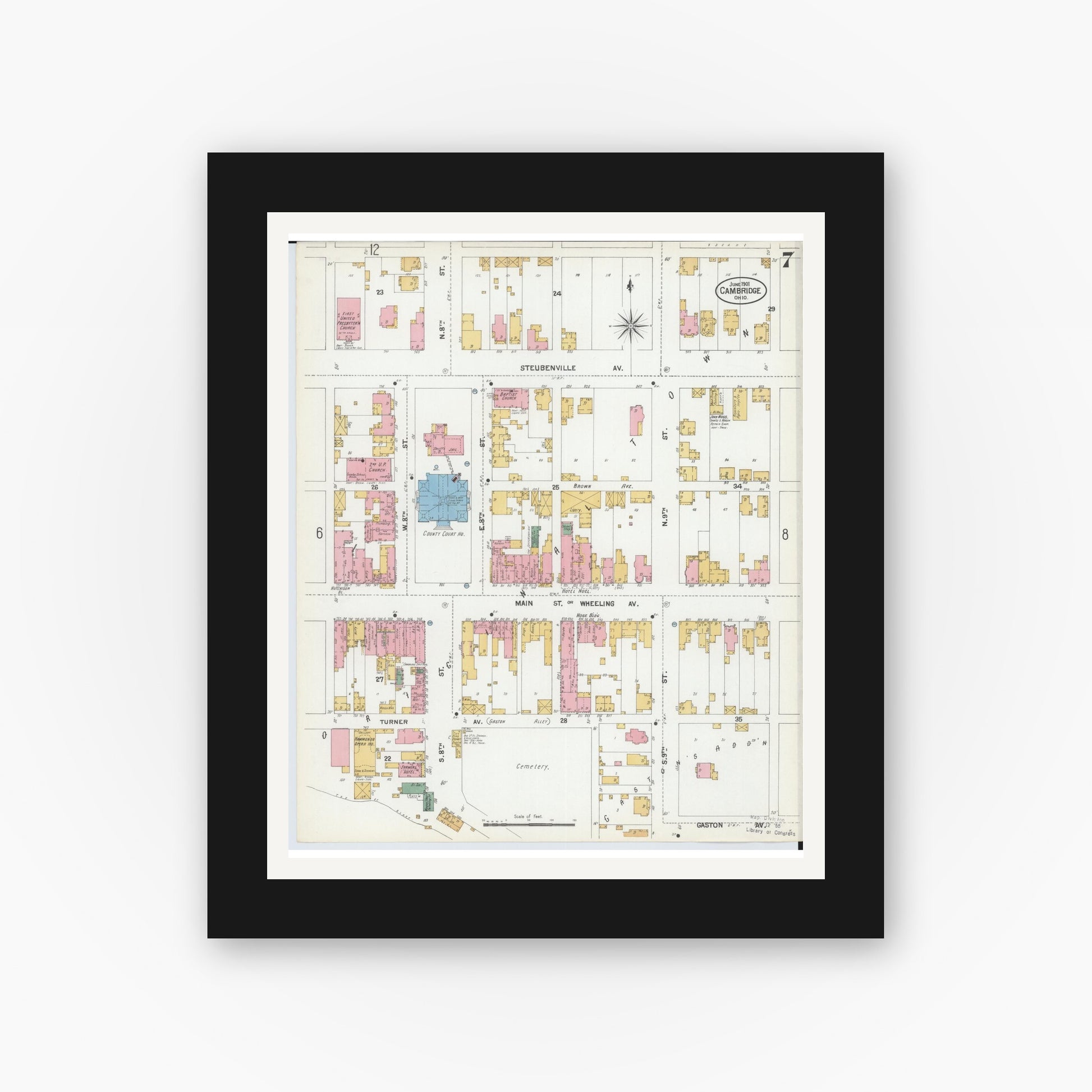 Old map wall art mockup — black gallery frame with white mat — Sanborn Fire Insurance Map from Cambridge, Guernsey County, Ohio (1901), Sheet #0007
