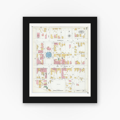 Old map wall art mockup — black gallery frame with white mat — Sanborn Fire Insurance Map from Cambridge, Guernsey County, Ohio (1901), Sheet #0007