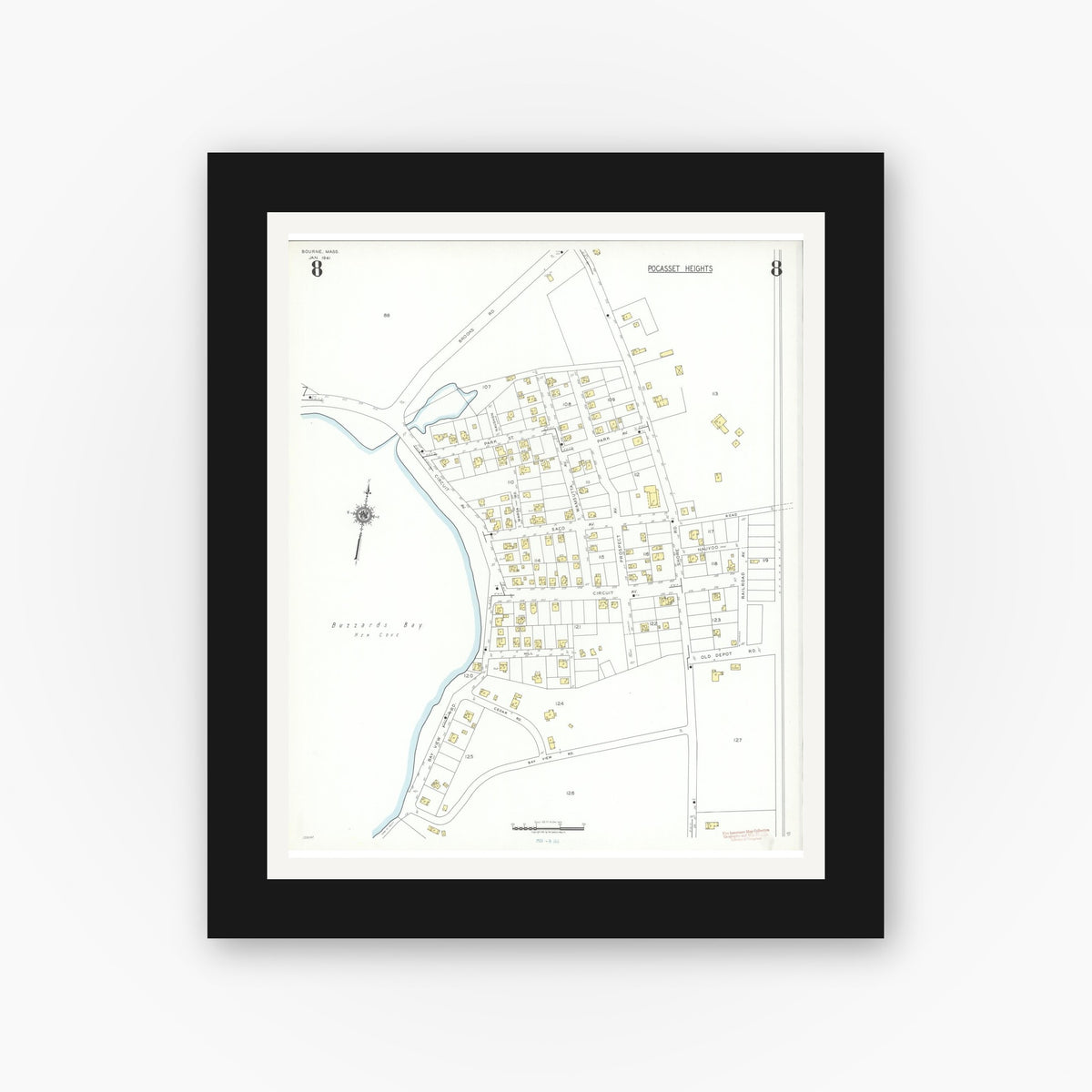 Old map wall art mockup — black gallery frame with white mat — Sanborn Fire Insurance Map from Bourne, Barnstable County, Massachusetts (1941), Sheet #0008