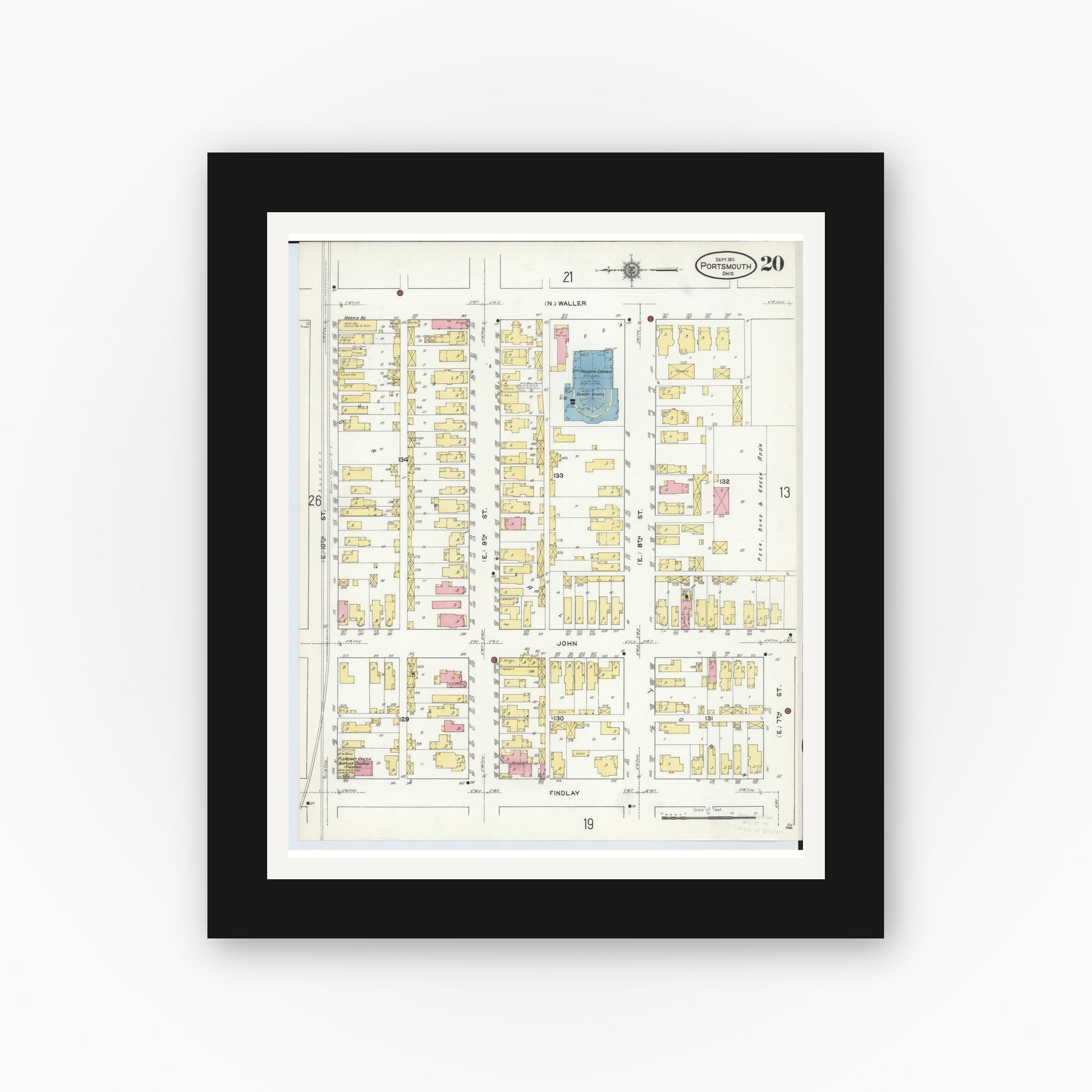Old map wall art mockup — black gallery frame with white mat — Sanborn Fire Insurance Map from Portsmouth, Scioto County, Ohio (1911), Sheet #0020