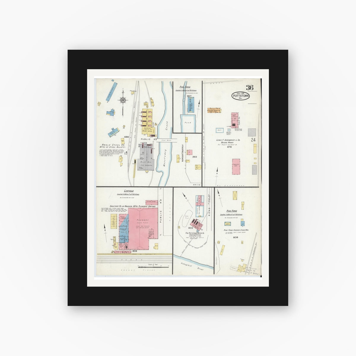 Old map wall art mockup — black gallery frame with white mat — Sanborn Fire Insurance Map from Pottstown, Montgomery County, Pennsylvania (1916), Sheet #0036