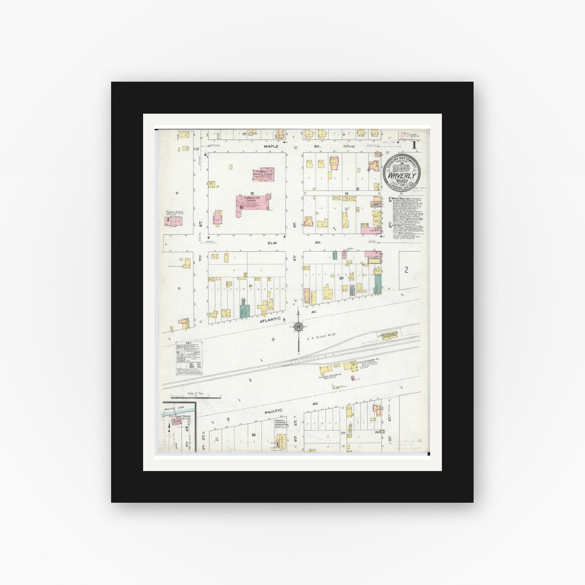 Old map wall art mockup — black gallery frame with white mat — Sanborn Fire Insurance Map from Waverly, Wright County, Minnesota (1909) - Complete Map Set
