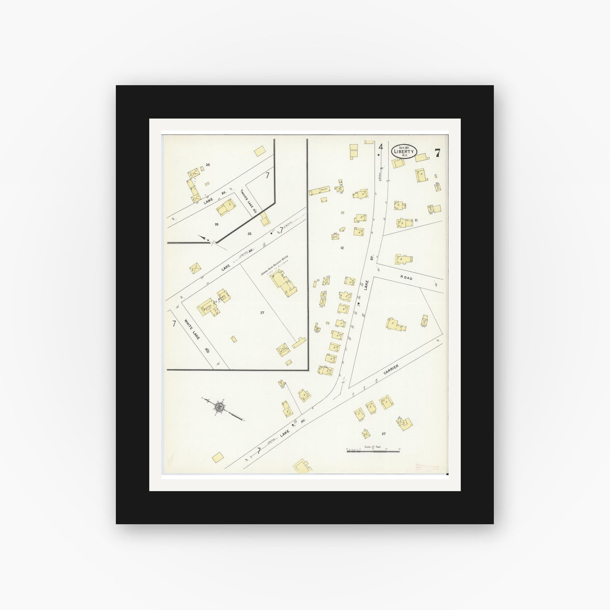 Old map wall art mockup — black gallery frame with white mat — Sanborn Fire Insurance Map from Liberty, Sullivan County, New York (1911), Sheet #0007