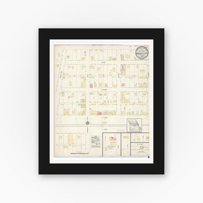 Old map wall art mockup — black gallery frame with white mat — Sanborn Fire Insurance Map from Wright City, Warren County, Missouri (1912), Sheet #0001