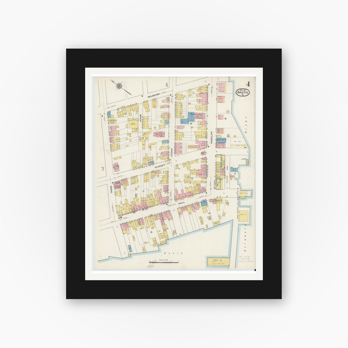 Old map wall art mockup — black gallery frame with white mat — Sanborn Fire Insurance Map from Bristol, Bucks County, Pennsylvania (1915), Sheet #0004