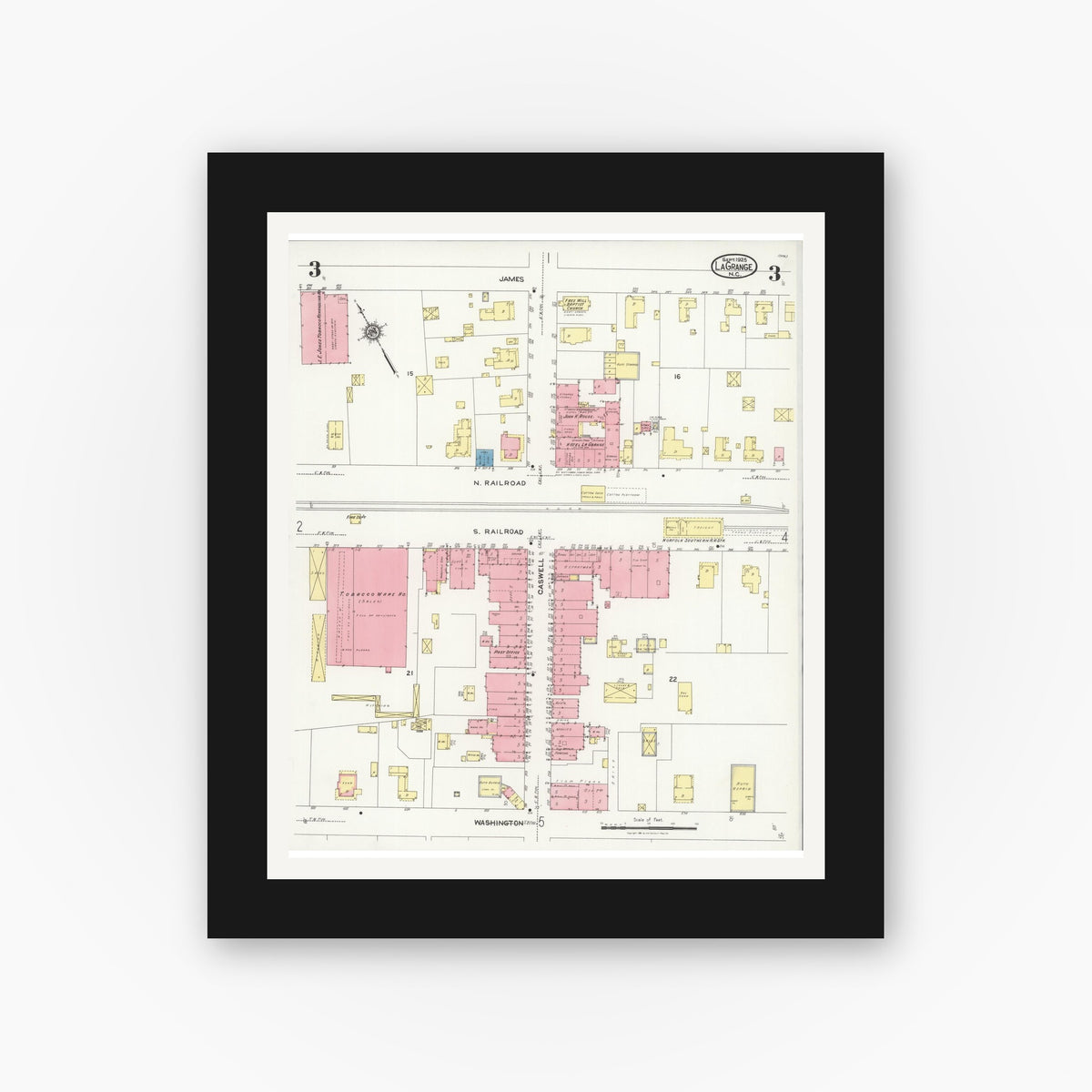 Old map wall art mockup — black gallery frame with white mat — Sanborn Fire Insurance Map from La Grange, Lenoir County, North Carolina (1925), Sheet #0003