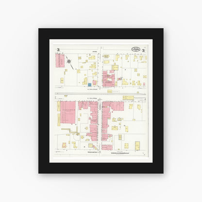 Old map wall art mockup — black gallery frame with white mat — Sanborn Fire Insurance Map from La Grange, Lenoir County, North Carolina (1925), Sheet #0003