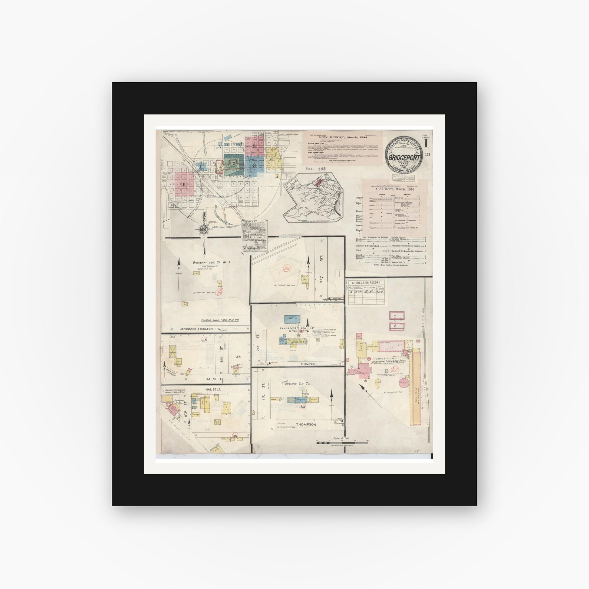 Old map wall art mockup — black gallery frame with white mat — Sanborn Fire Insurance Map from Bridgeport, Wise County, Texas (1944), Sheet #0001