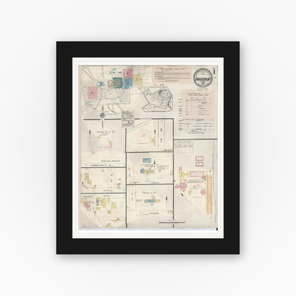 Old map wall art mockup — black gallery frame with white mat — Sanborn Fire Insurance Map from Bridgeport, Wise County, Texas (1944), Sheet #0001