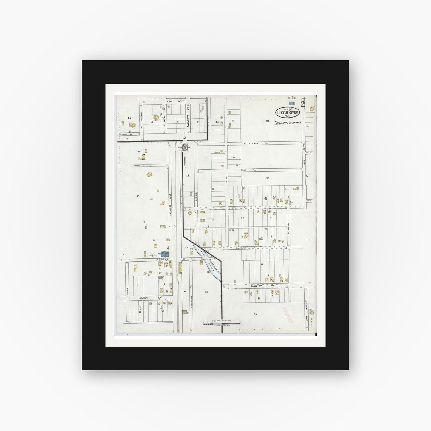 Old map wall art mockup — black gallery frame with white mat — Sanborn Fire Insurance Map from Little River, Dade County, Florida (1921), Sheet #0002