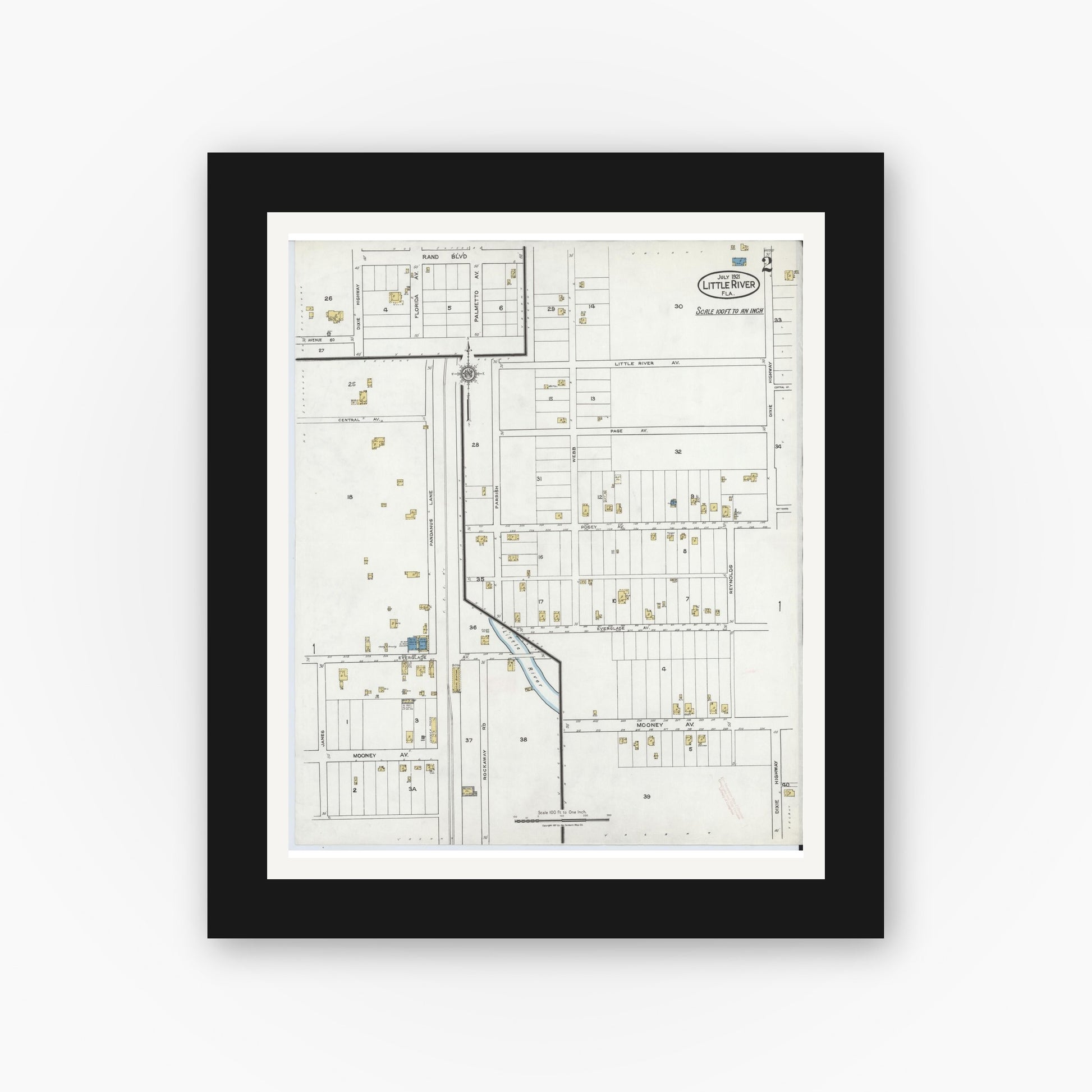 Old map wall art mockup — black gallery frame with white mat — Sanborn Fire Insurance Map from Little River, Dade County, Florida (1921), Sheet #0002