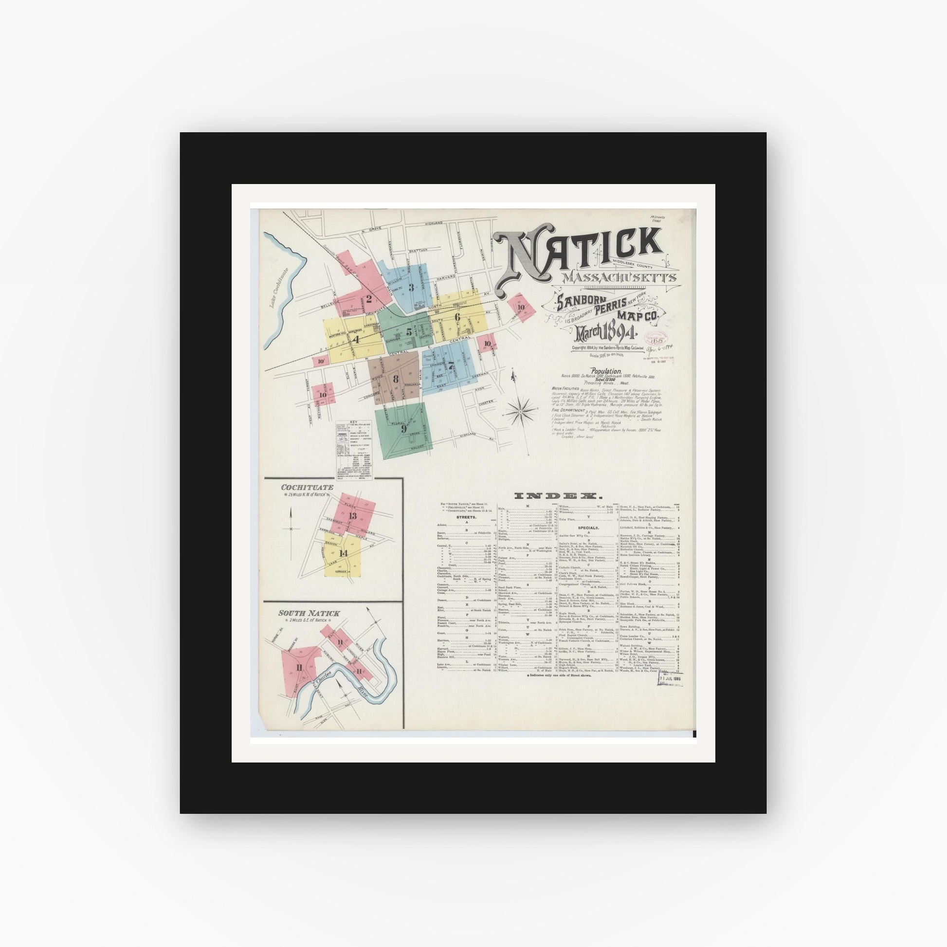 Old map wall art mockup — black gallery frame with white mat — Sanborn Fire Insurance Map from Natick, Middlesex County, Massachusetts (1894), Sheet #0001