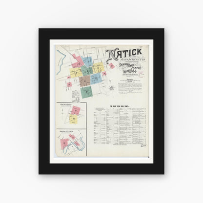Old map wall art mockup — black gallery frame with white mat — Sanborn Fire Insurance Map from Natick, Middlesex County, Massachusetts (1894), Sheet #0001